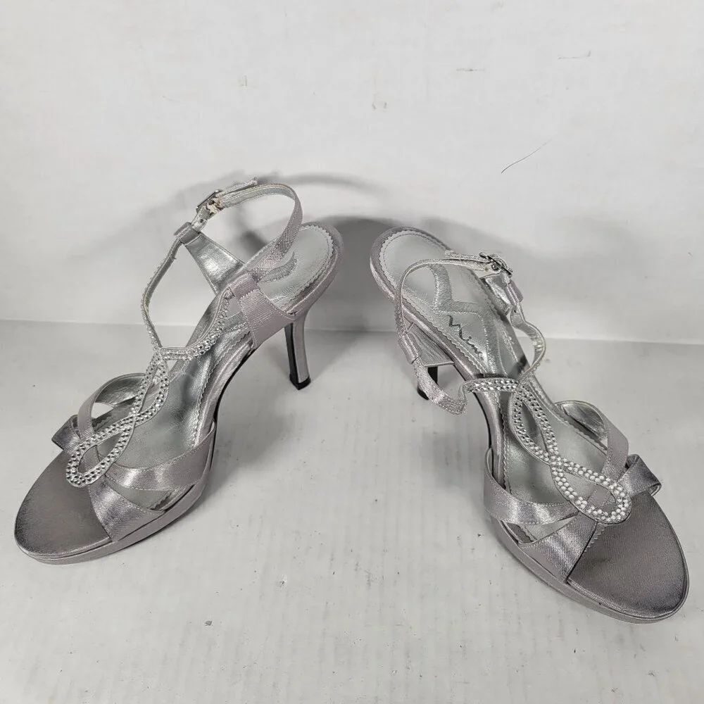 Nina Silver Dressy Date Night Retro Rhinestone Strappy Stiletto Heels Size 7.5